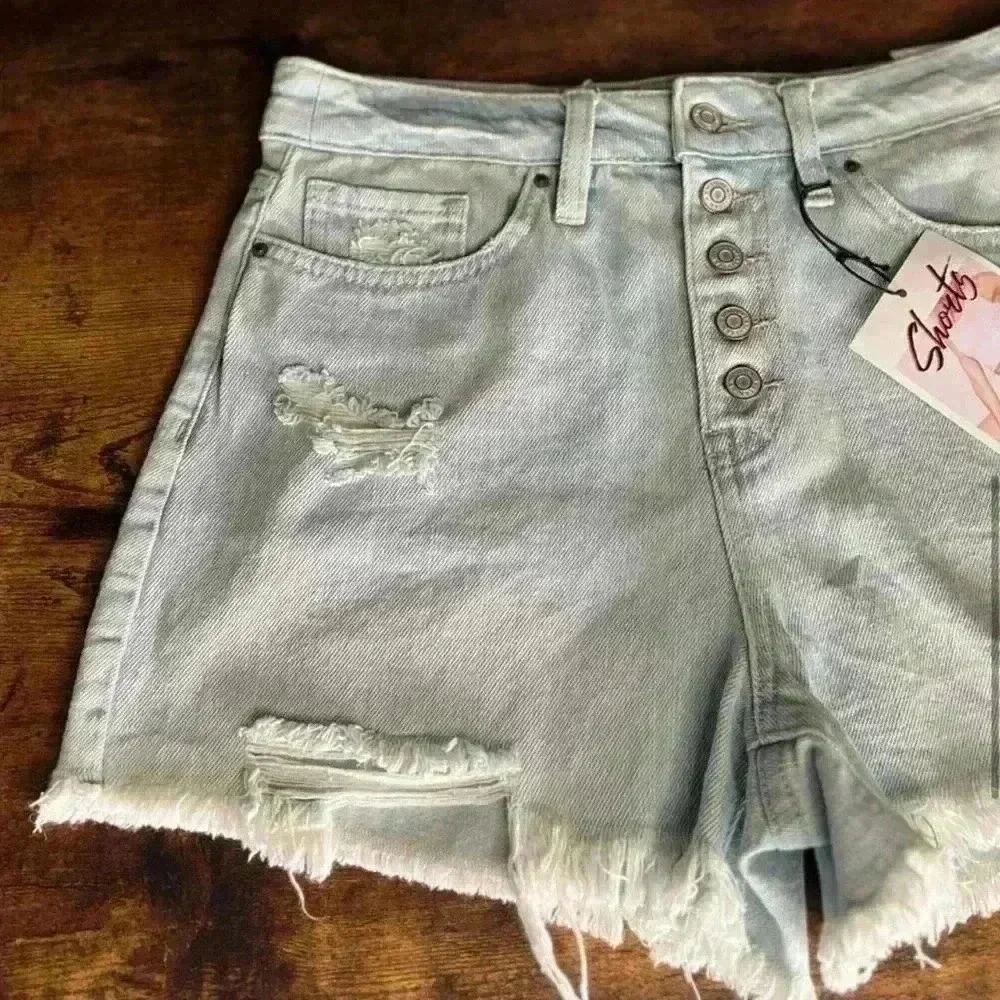 YMI Dream Distressed Button Fly Hybrid Denim Short in Celeste Blue. Size 9. NWT! - Picture 7 of 16